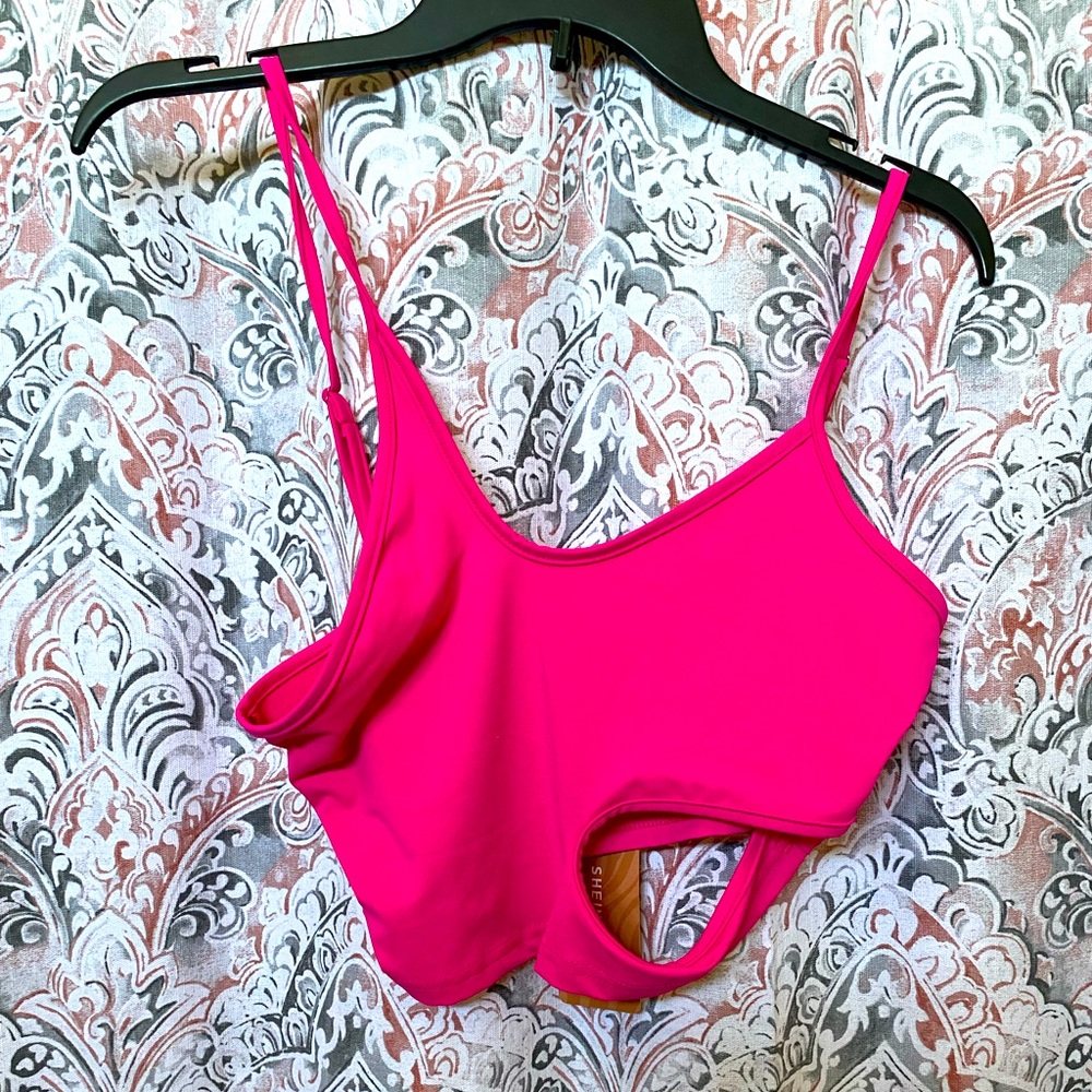 Spaghetti strap, hot pink midriff shirt with cute cut out on side my ribs